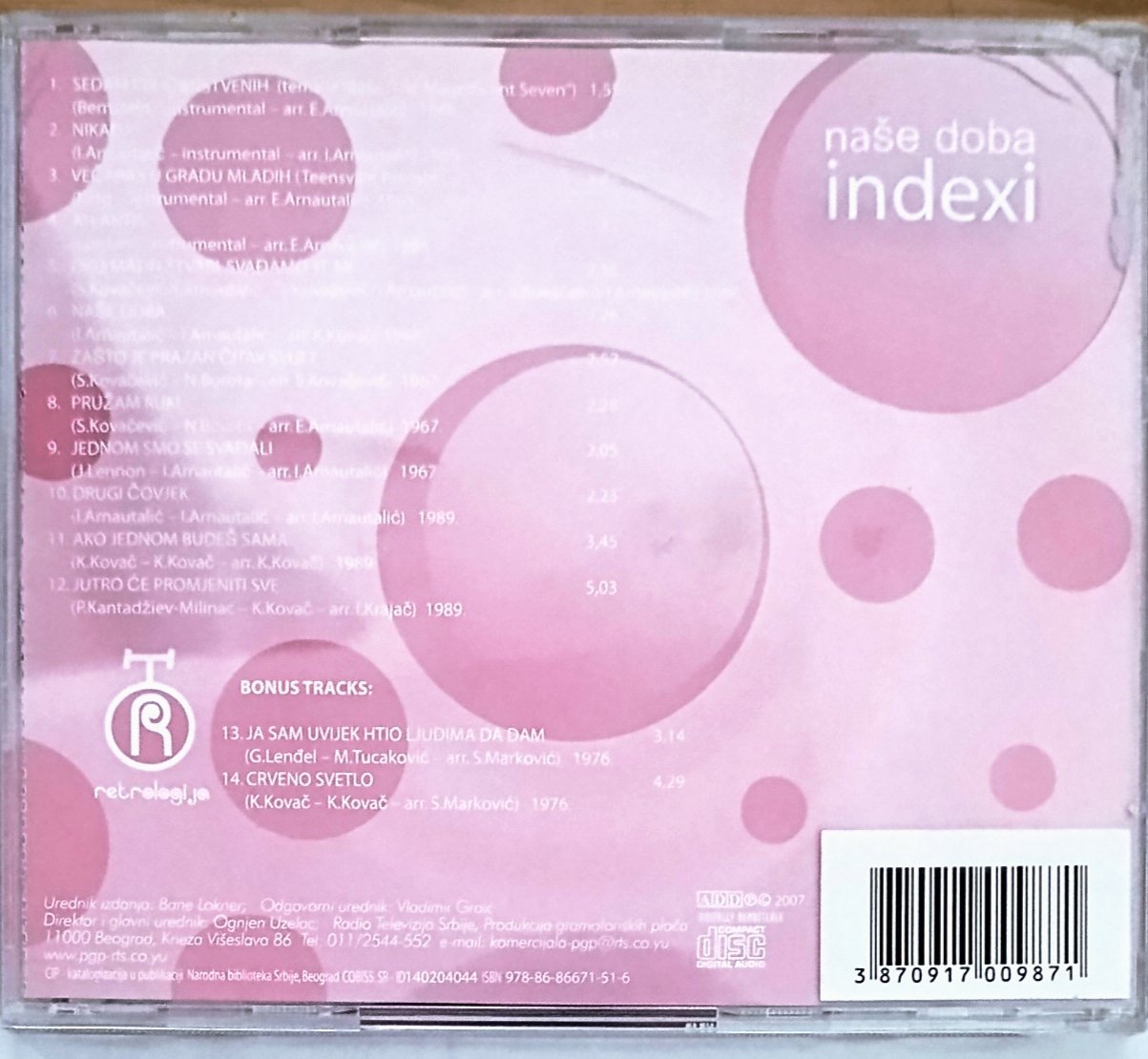 Indexi Naše doba rani radovi CD zadnja strana omota spisak pjesama